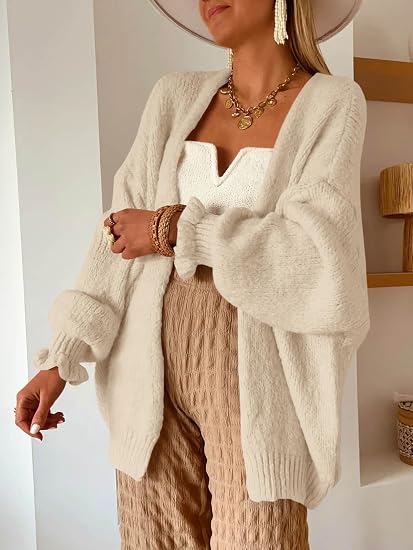 Women Oversized Open‑Front Knit Cardigan Long Balloon Sleeve Loose Sweater Coat