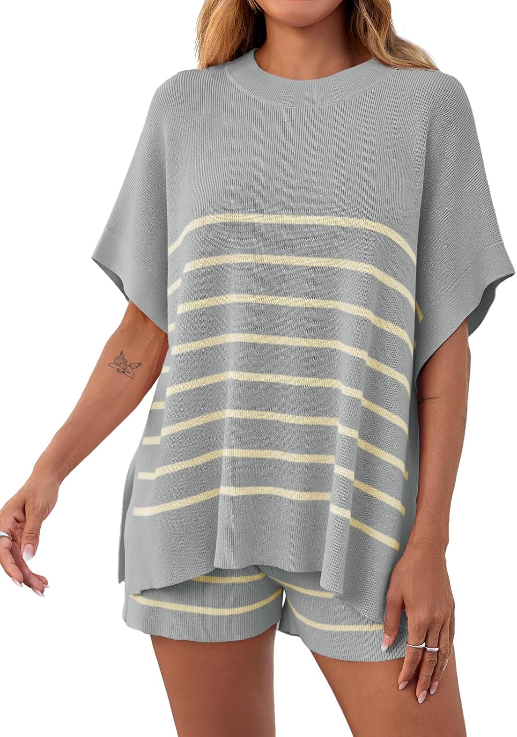 Women's Striped 2-Piece Oversized Batwing Sleeve Short Sleeve Top and Shorts Set