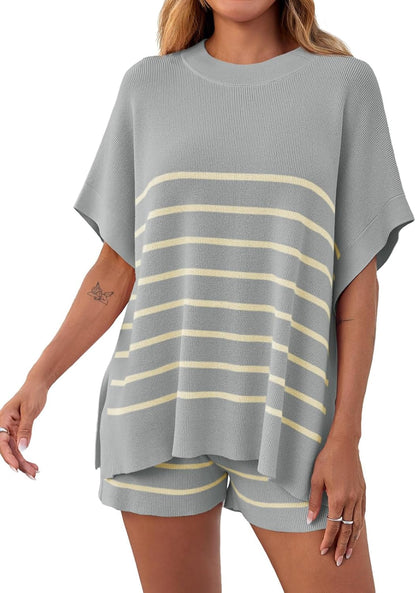 Women's Striped 2-Piece Oversized Batwing Sleeve Short Sleeve Top and Shorts Set