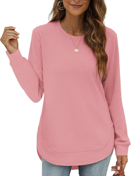 Womens Sweatshirt Crewneck Long Sleeve Shirts Tops Curved Hem