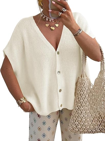 Womens Spring Oversized Cardigans Short Sleeve Lightweight Button Casual Knit Sweater Tops