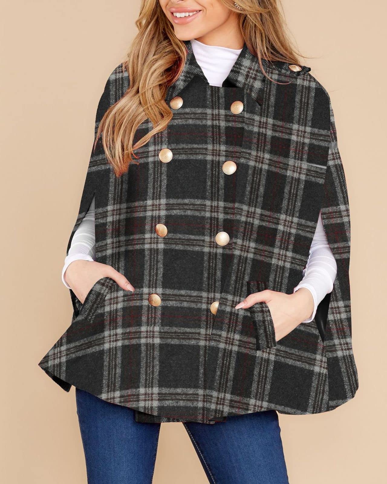 Women's Plaid Double Breasted Winter Cape Turn Down Poncho Coats(Buy 2 Free Shipping)