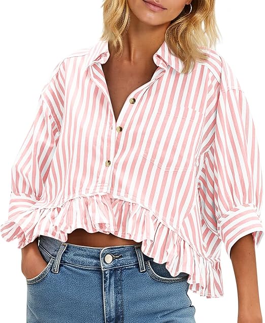 Women's 3/4 Length Sleeve Striped Button Down Shirt Ruffle Hem Blouses Top