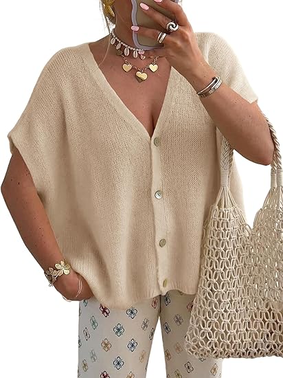 Womens Spring Oversized Cardigans Short Sleeve Lightweight Button Casual Knit Sweater Tops