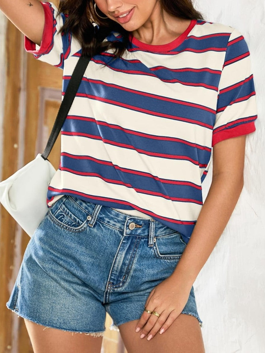 Women's Striped Color Block Short Sleeve T-Shirts Casual Loose Basic Tee