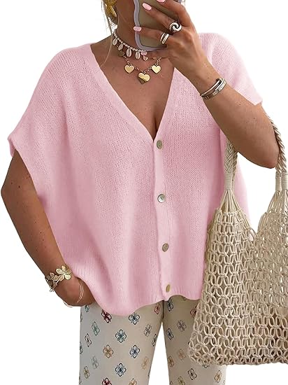 Womens Spring Oversized Cardigans Short Sleeve Lightweight Button Casual Knit Sweater Tops