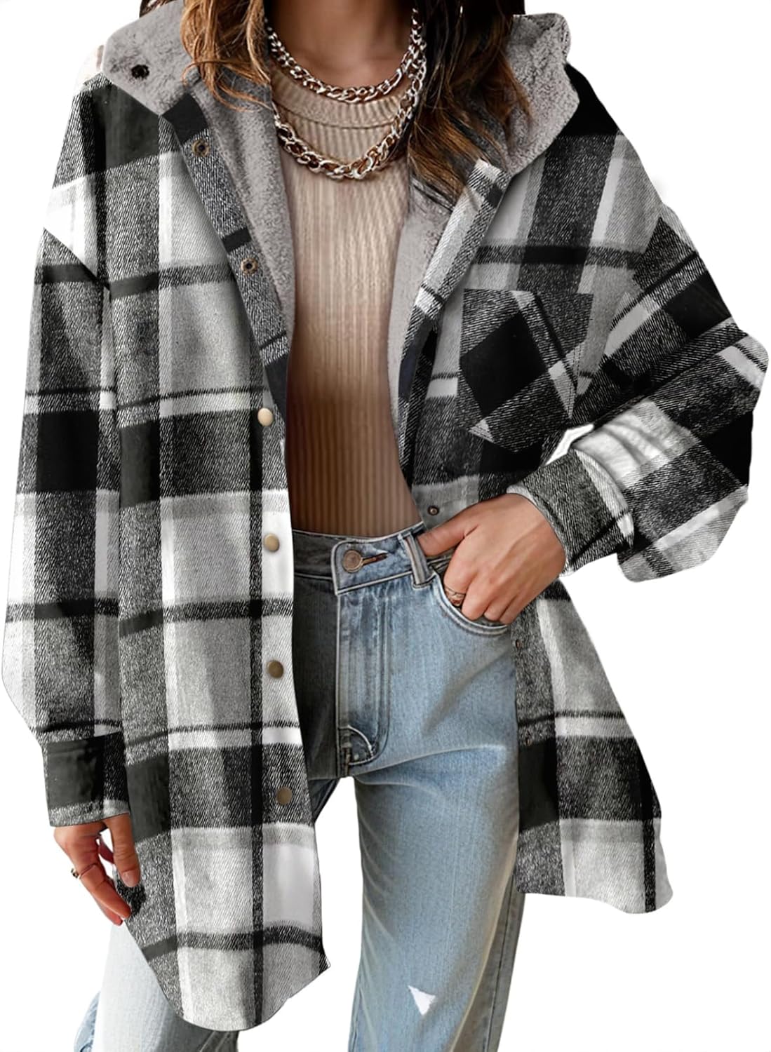 🔥Women's Flannel Hooded Plaid Shacket Thick Coat Fuzzy Fleece Jacket
