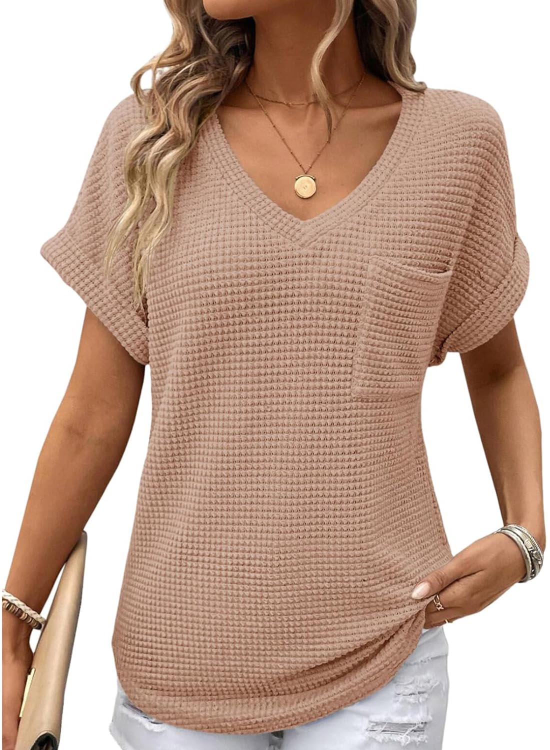 Women's Oversized Waffle V Neck Short Sleeve Casual Top