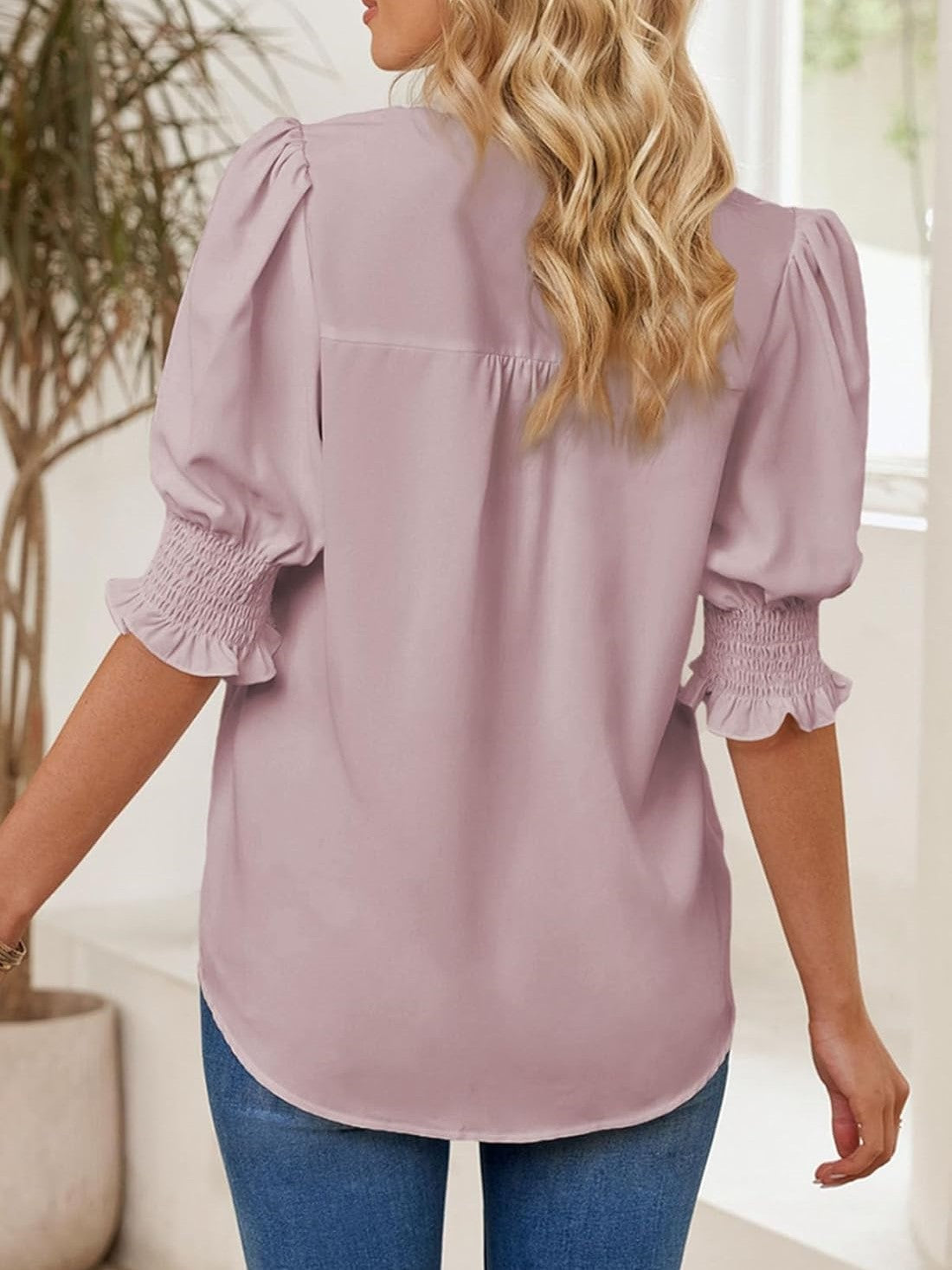 Women's V Neck Dressy Puff Ruffle Blouse Casual Short Sleeve Tops