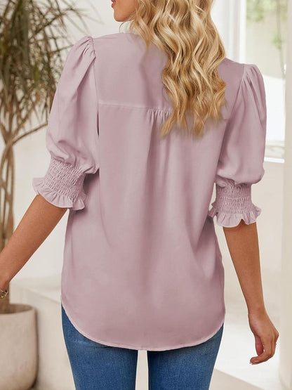 Women's V Neck Dressy Puff Ruffle Blouse Casual Short Sleeve Tops