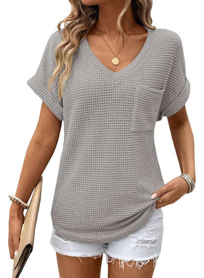 Women's Oversized Waffle V Neck Short Sleeve Casual Top