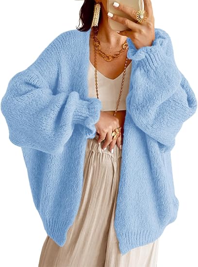Women Oversized Open‑Front Knit Cardigan Long Balloon Sleeve Loose Sweater Coat