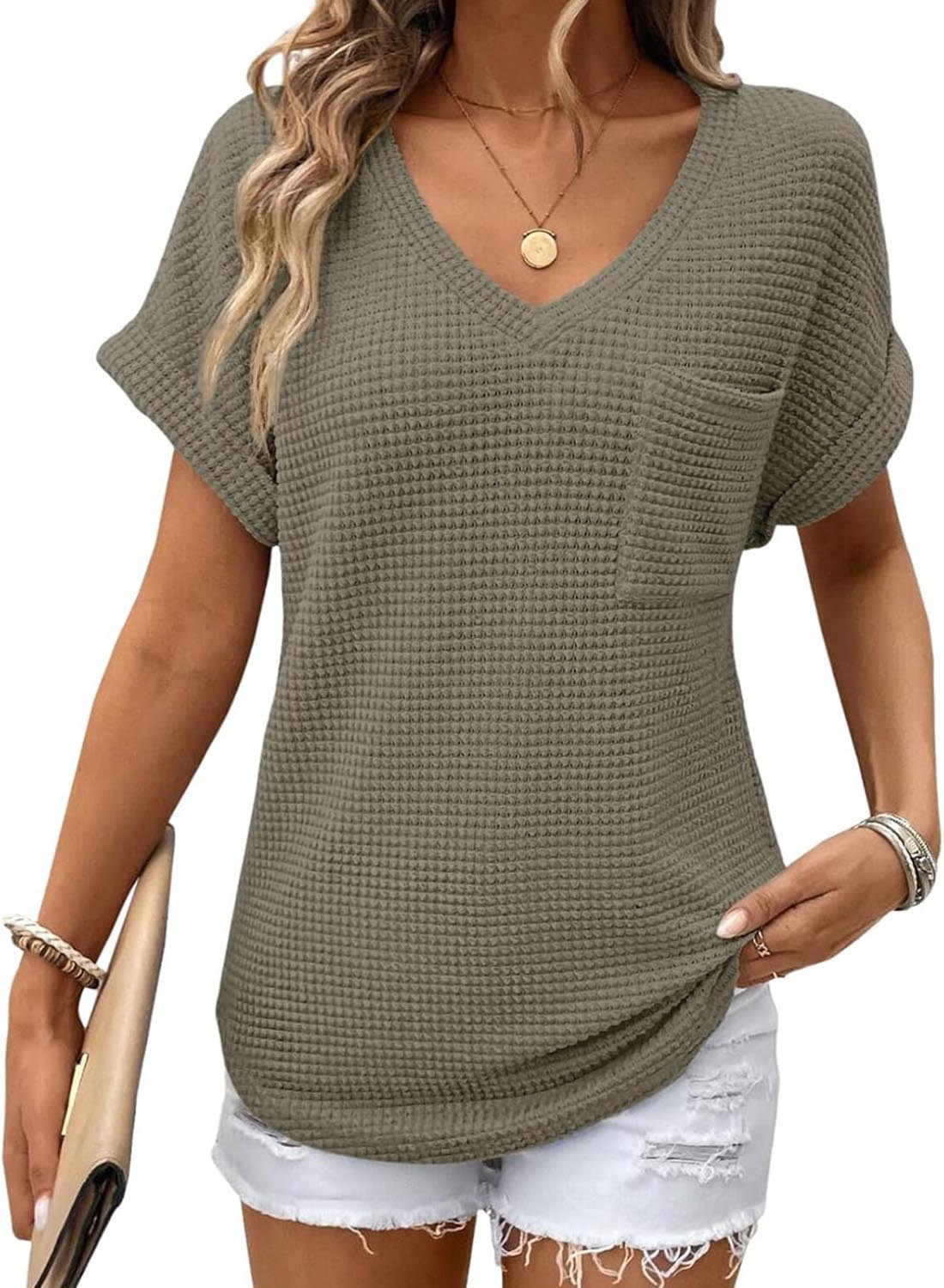 Women's Oversized Waffle V Neck Short Sleeve Casual Top