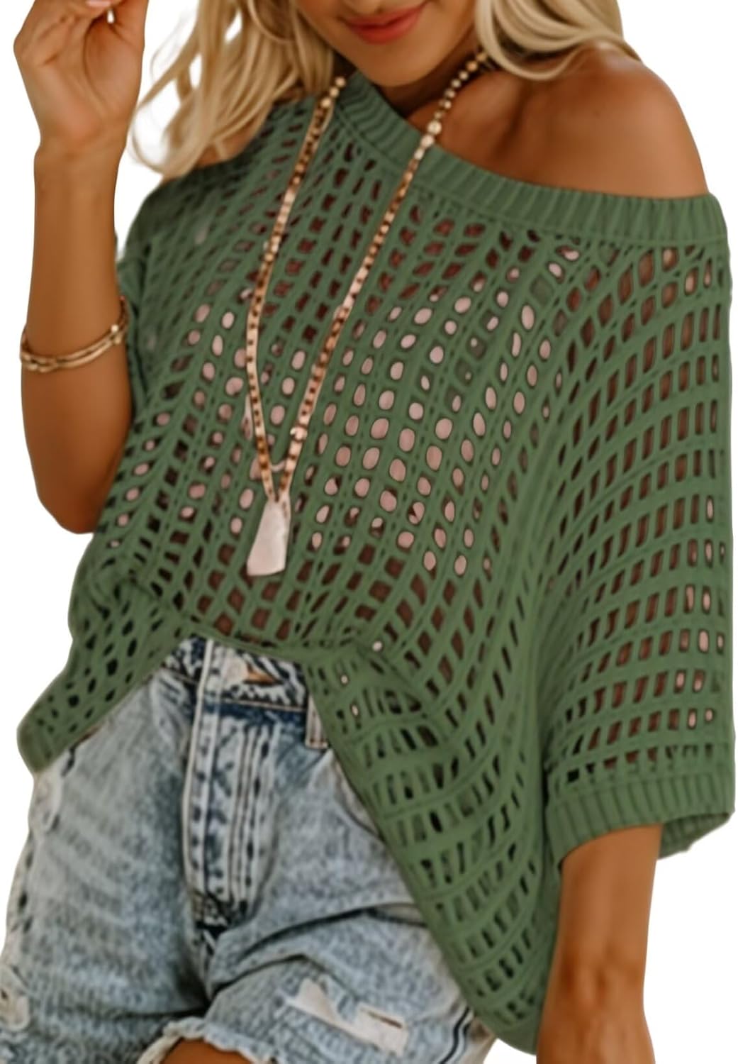 Womens Casual Short Sleeve Hollow Out Pullover Knit Tops