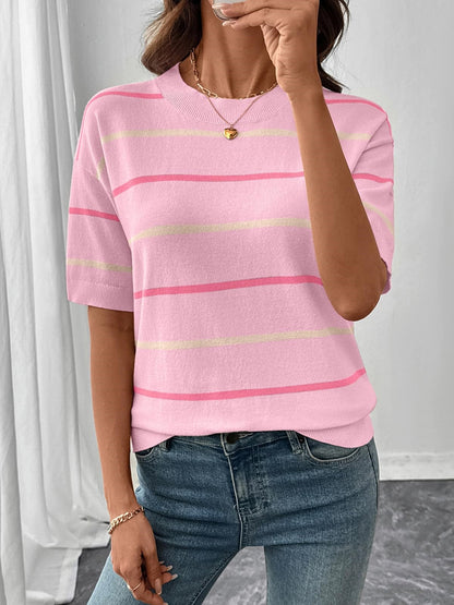 2026 Womens Tops Crewneck Short Sleeve Sweater Pullover Knit Striped Shirt