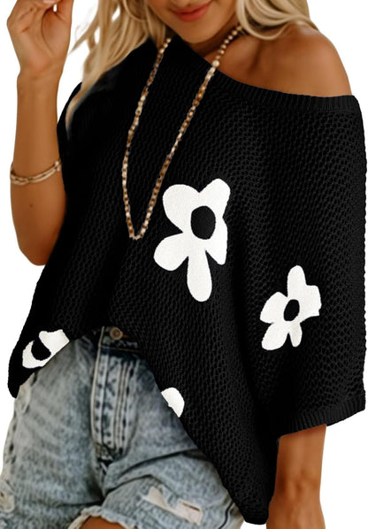 Womens Floral Cute Tops Short Sleeve Crochet Cover Ups Knit Sweater Pullover