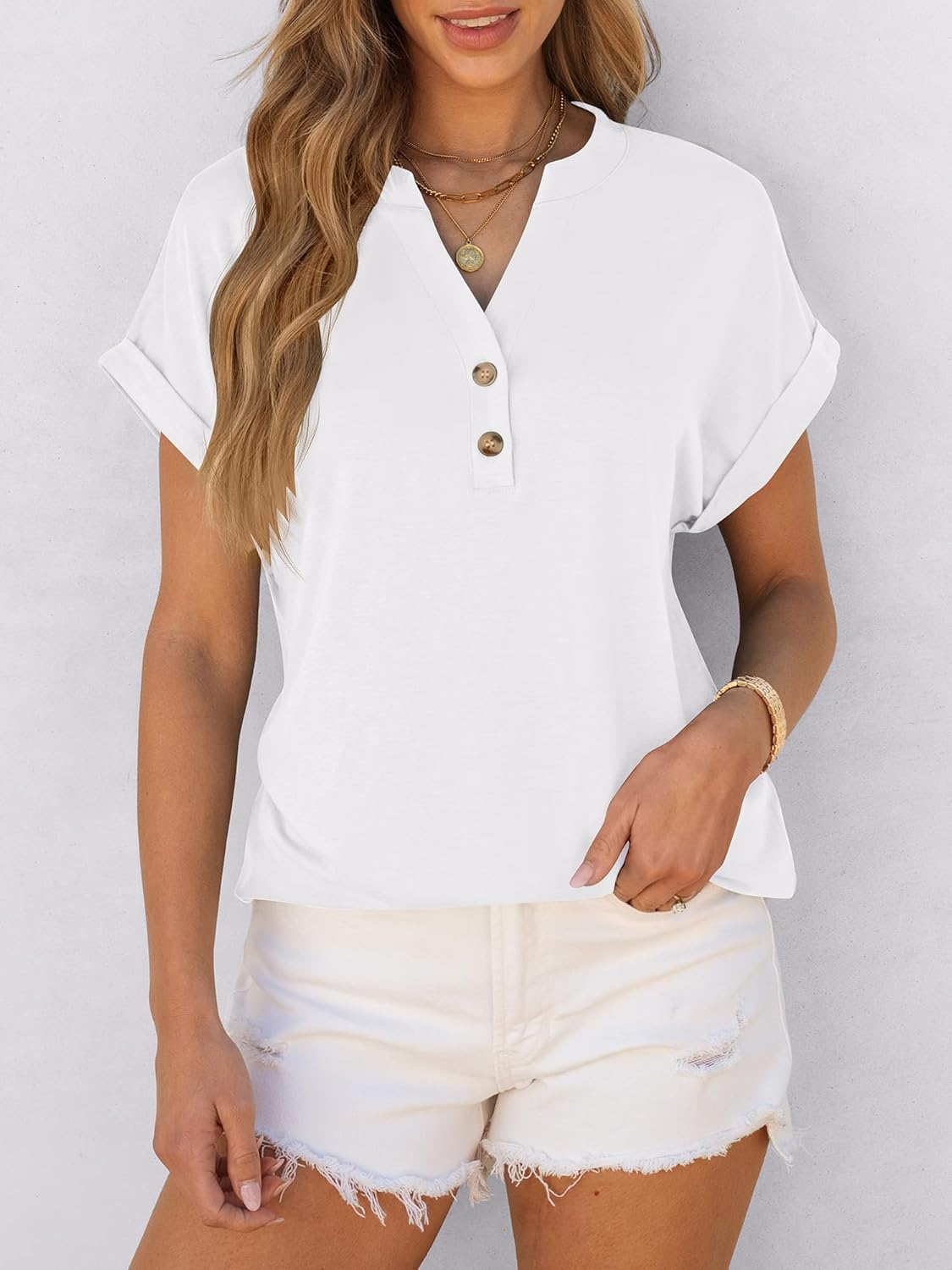 Women's V Neck Button Casual Loose Fit Short Sleeve Henley Tops