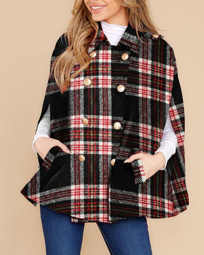 Women's Plaid Double Breasted Winter Cape Turn Down Poncho Coats(Buy 2 Free Shipping)