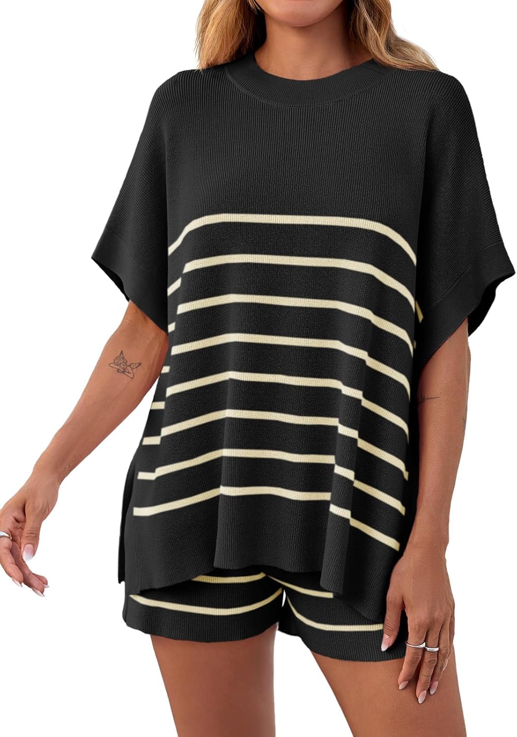 Women's Striped 2-Piece Oversized Batwing Sleeve Short Sleeve Top and Shorts Set