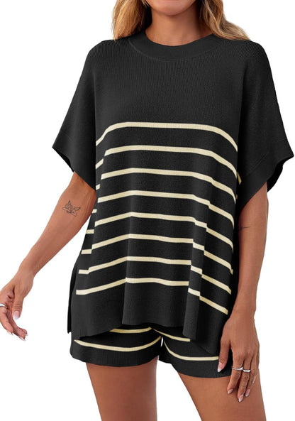 Women's Striped 2-Piece Oversized Batwing Sleeve Short Sleeve Top and Shorts Set