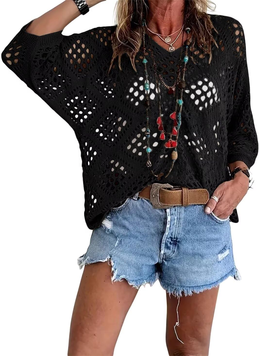 🔥Women's Casual V-Neck Hollow Crochet Cover-Up Short Sleeve Top