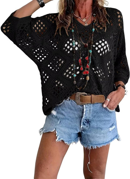 🔥Women's Casual V-Neck Hollow Crochet Cover-Up Short Sleeve Top
