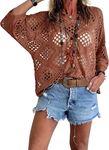 🔥Women's Casual V-Neck Hollow Crochet Cover-Up Short Sleeve Top