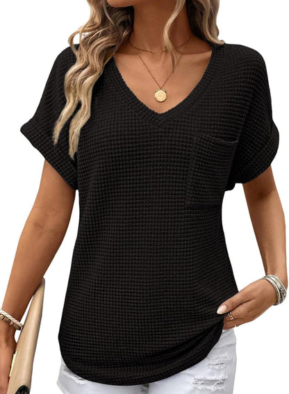 Women's Oversized Waffle V Neck Short Sleeve Casual Top