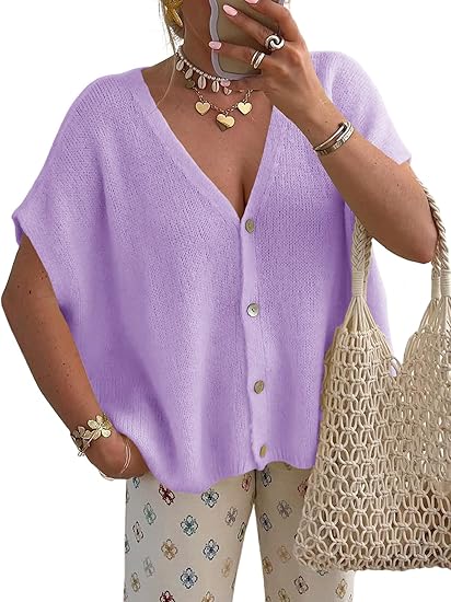 Womens Spring Oversized Cardigans Short Sleeve Lightweight Button Casual Knit Sweater Tops
