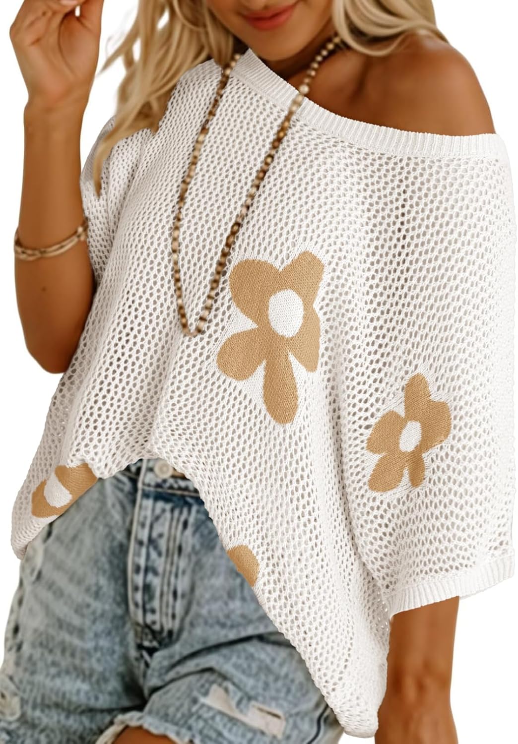 Womens Floral Cute Tops Short Sleeve Crochet Cover Ups Knit Sweater Pullover