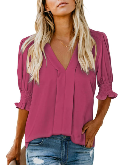 Women's V Neck Dressy Puff Ruffle Blouse Casual Short Sleeve Tops