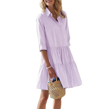Women's Striped Button Down Shirt Dress Cuffed Sleeve Tiered Dress