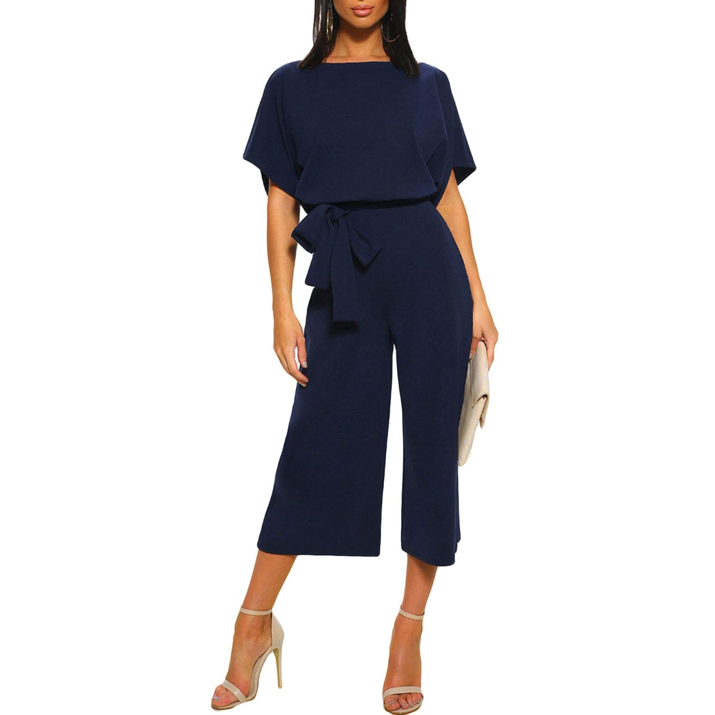 Women's casual wide-leg jumpsuit with waist tie