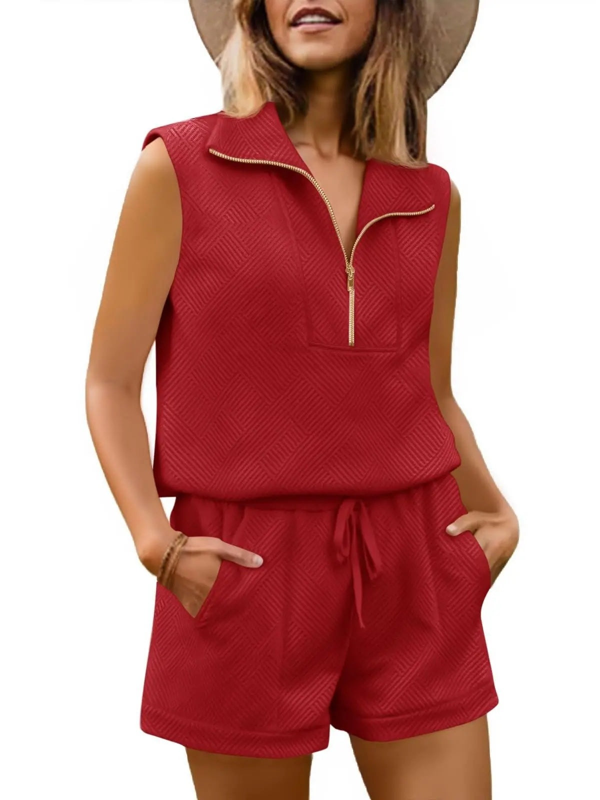 Womens 2 Piece Outfits  extured Quarter-Zip Sleeveless Tops with Shorts