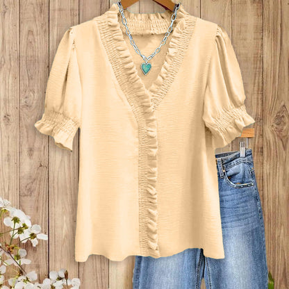 Womens Smocked Ruffle Trim V-Neck Blouse