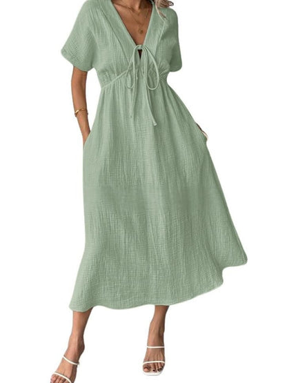 Women's V Neck Tie up Textured Loose Flowy Midi Dress With Pockets