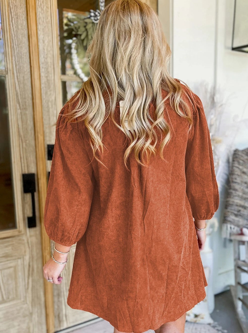 Bracelet Sleeve Split Neck Scallop Detail Pleated Corduroy Mini Dress