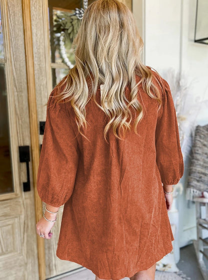 Bracelet Sleeve Split Neck Scallop Detail Pleated Corduroy Mini Dress