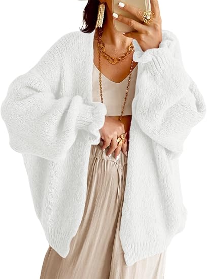 Women Oversized Open‑Front Knit Cardigan Long Balloon Sleeve Loose Sweater Coat