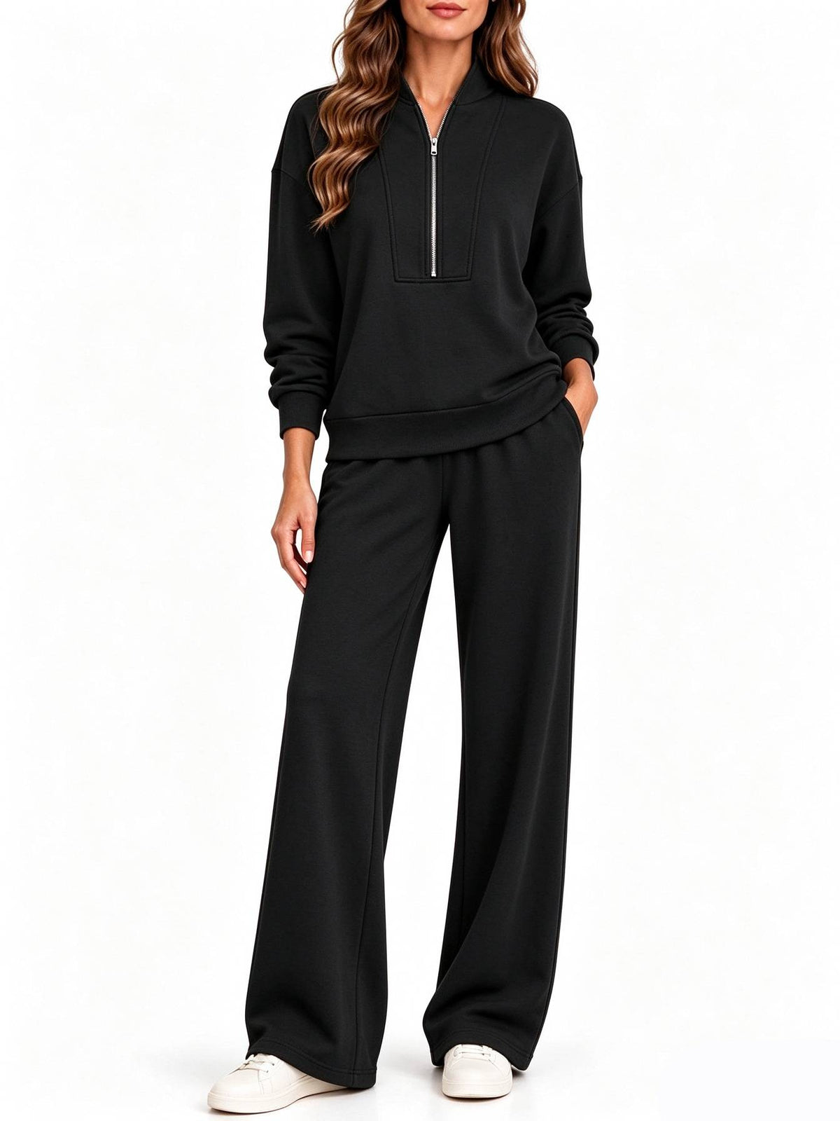 Women's Half Zip Long Sleeve Pullover & Wide Leg Pants 2-Piece Matching Set