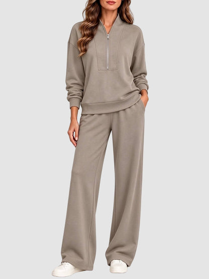 Women's Half Zip Long Sleeve Pullover & Wide Leg Pants 2-Piece Matching Set