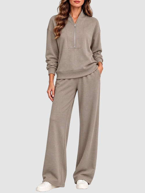 Women's Half Zip Long Sleeve Pullover & Wide Leg Pants 2-Piece Matching Set