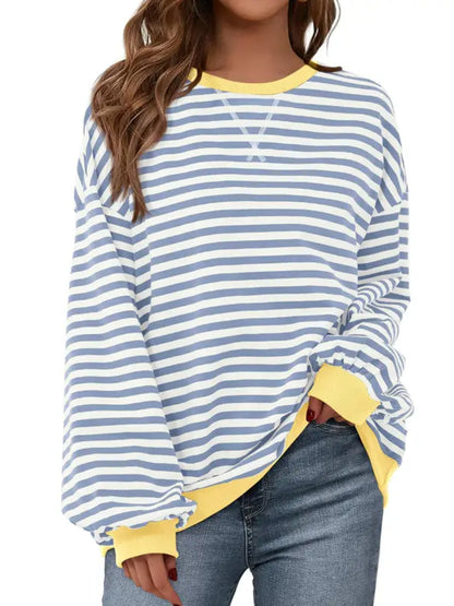 Womens Striped Oversized Sweatshirt Color Block Long Sleeve Top