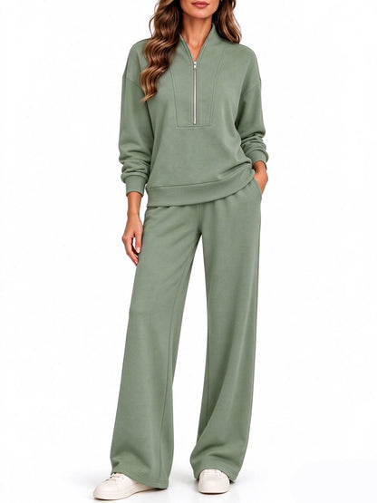 Women's Half Zip Long Sleeve Pullover & Wide Leg Pants 2-Piece Matching Set