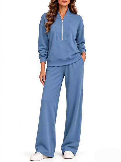 Women's Half Zip Long Sleeve Pullover & Wide Leg Pants 2-Piece Matching Set