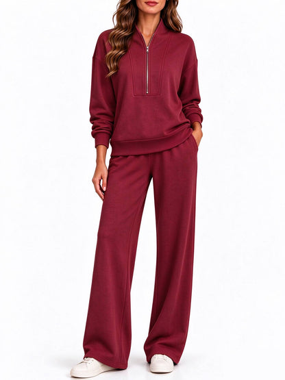 Women's Half Zip Long Sleeve Pullover & Wide Leg Pants 2-Piece Matching Set