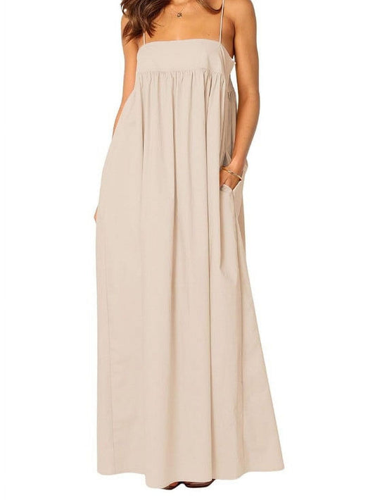 Women's Summer Backless Tied Spaghetti Straps Casual  Cutout Maxi Dress with Pockets