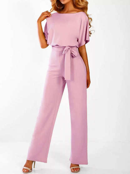 Women Crewneck Tie Waist Jumpsuit Wide Leg Pants