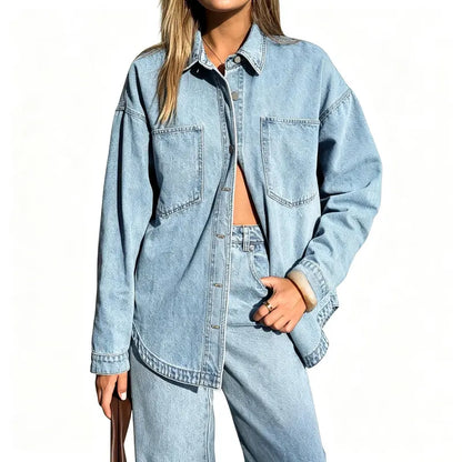 Women Vintage Washed Denim Shacket Long Sleeve Oversized Shacket