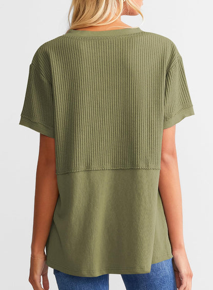 Women's Casual V Neck Waffle Knit Tops Short Sleeve T Shirts